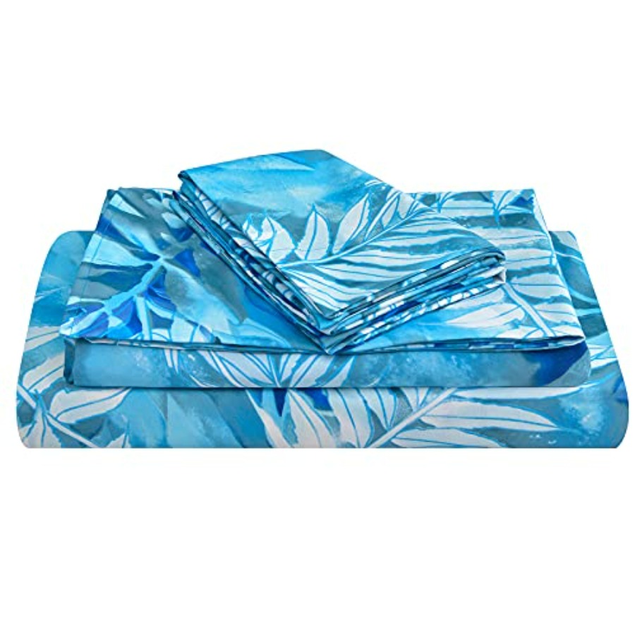 Bed Sheet Microfiber - Blue Tropical Leaves Print Sheet Set,