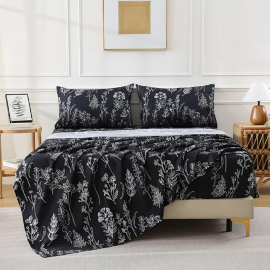 Bed Sheet Microfiber - Black Floral Printed Sheet Set, Dark