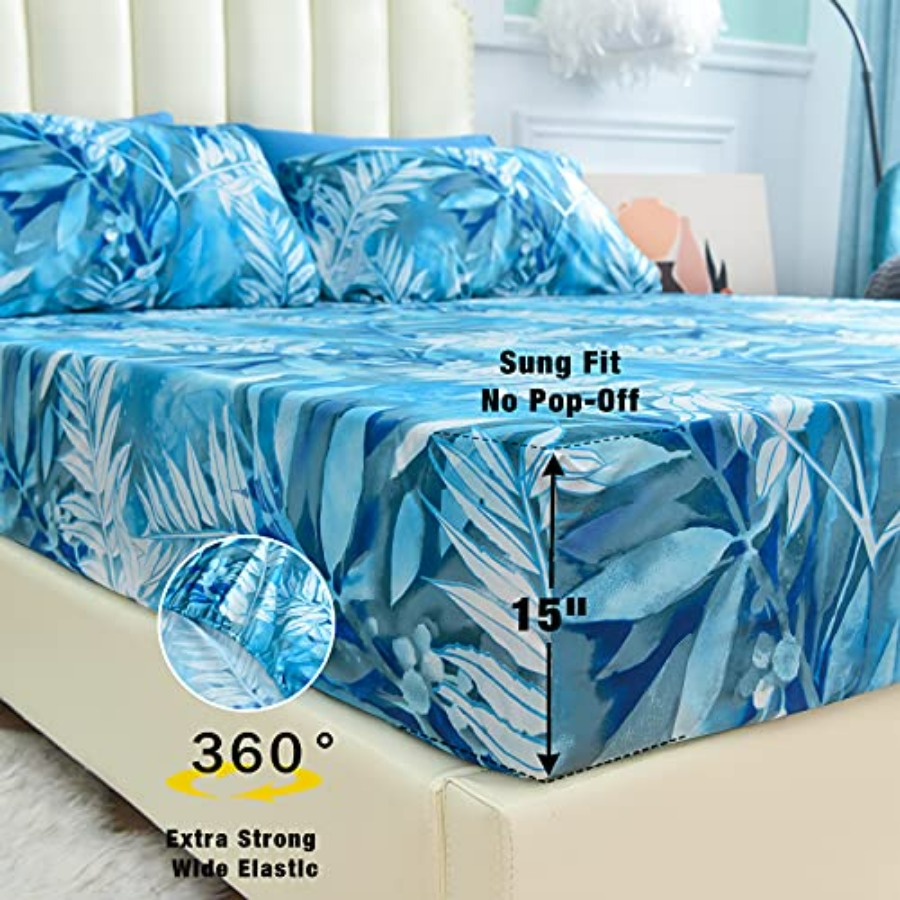 Blue Tropical Leaves Print She - Bed Sheet Microfiber avis et prix
