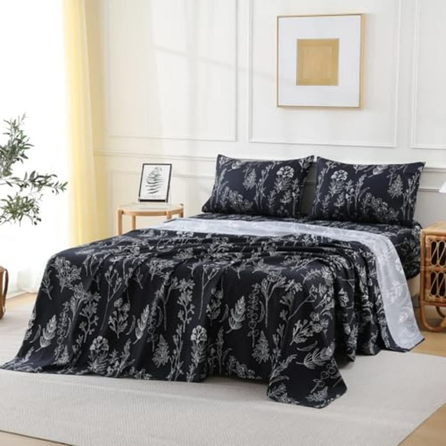 Black Floral Printed Sheet Set - Bed Sheet Microfiber avis et prix