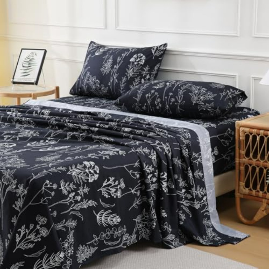 Black Floral Printed Sheet Set - Bed Sheet Microfiber avis et prix